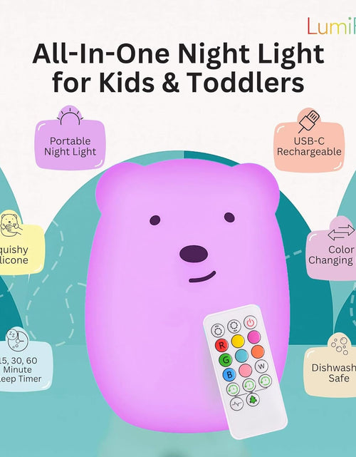 Load image into Gallery viewer, Lumipet Bear Jumbo Kids Night Light, Cute Nursery Light for Baby, Toddler, Silicone LED Lamp, Remote Operated, USB Rechargeable Battery, 9 Available Colors, Timer Auto Shutoff
