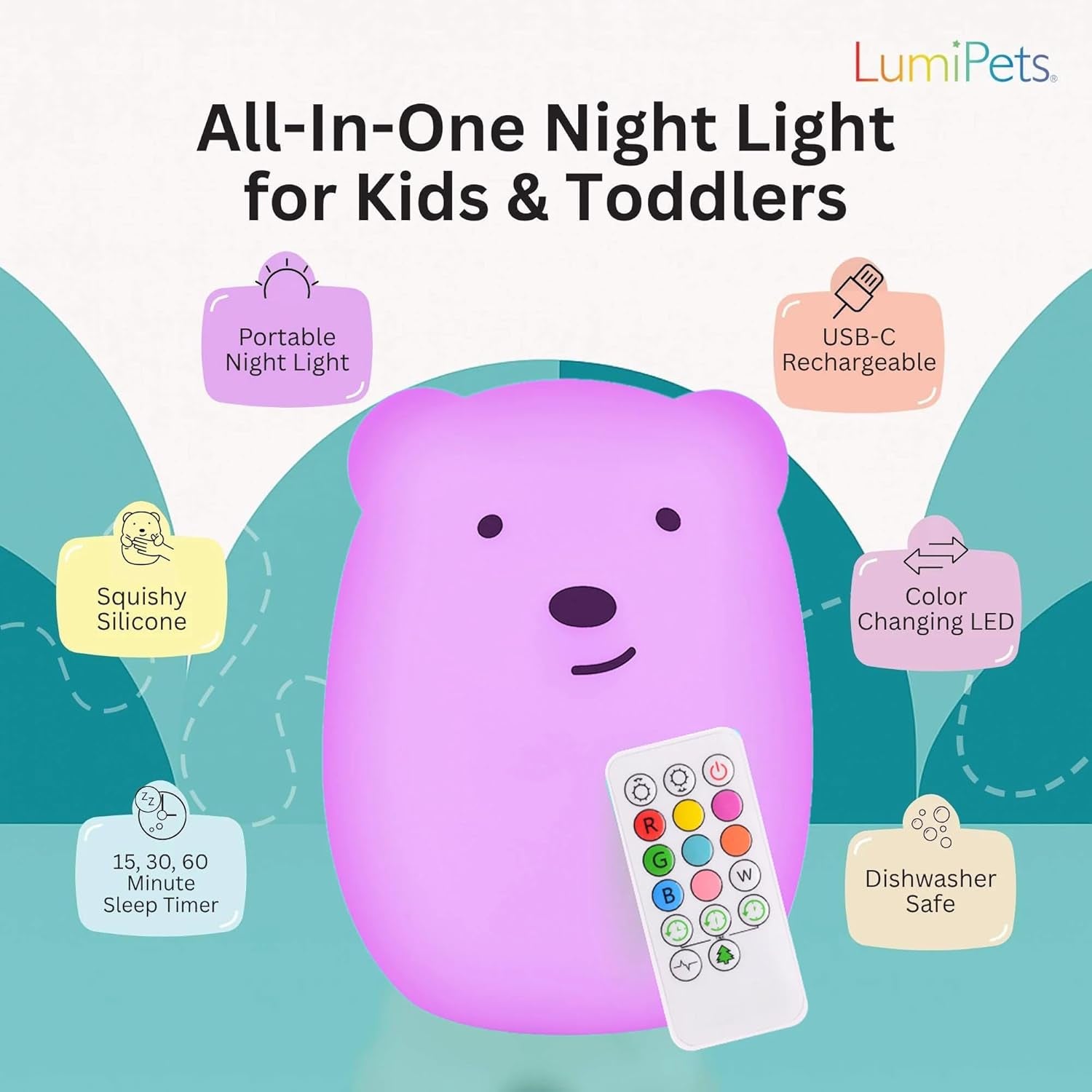 Lumipet Bear Jumbo Kids Night Light, Cute Nursery Light for Baby, Toddler, Silicone LED Lamp, Remote Operated, USB Rechargeable Battery, 9 Available Colors, Timer Auto Shutoff