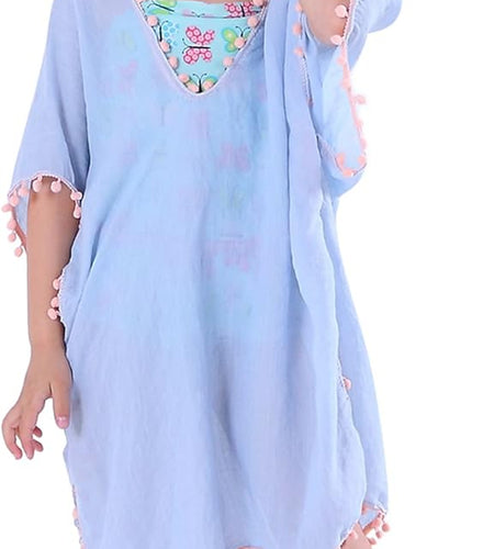 Girls Swim Cover up Beach Swimwear Coverup Swimsuit Wraps with Pom Pom Trim