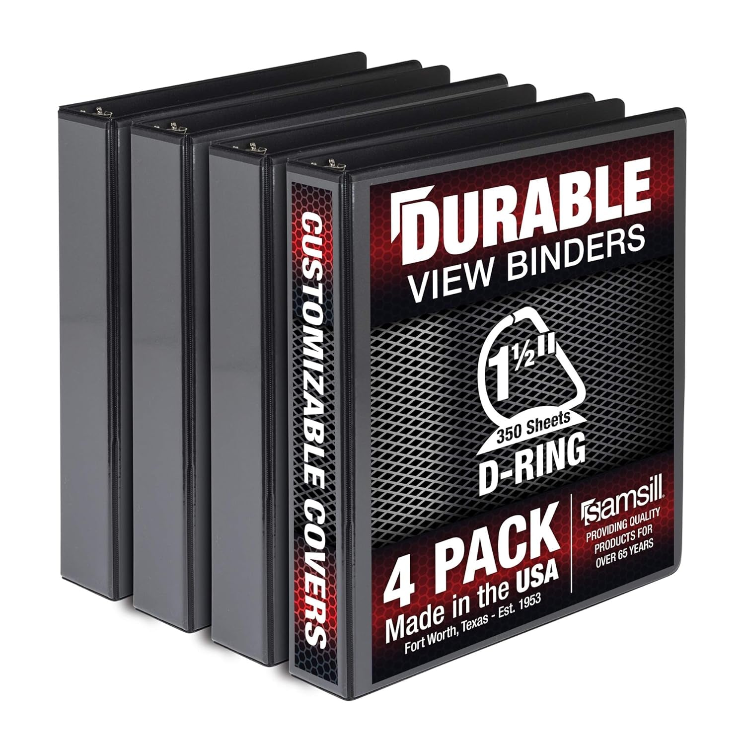 Durable 1.5 Inch Binder Made in the USA, D Ring Customizable Clear View Binder, Pack of 4