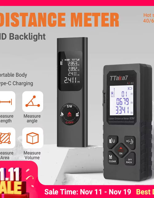 Load image into Gallery viewer, SmartMeasure 40M/60M Mini Laser Distance Meter – USB Rechargeable Handheld Rangefinder for Accurate Measurements

