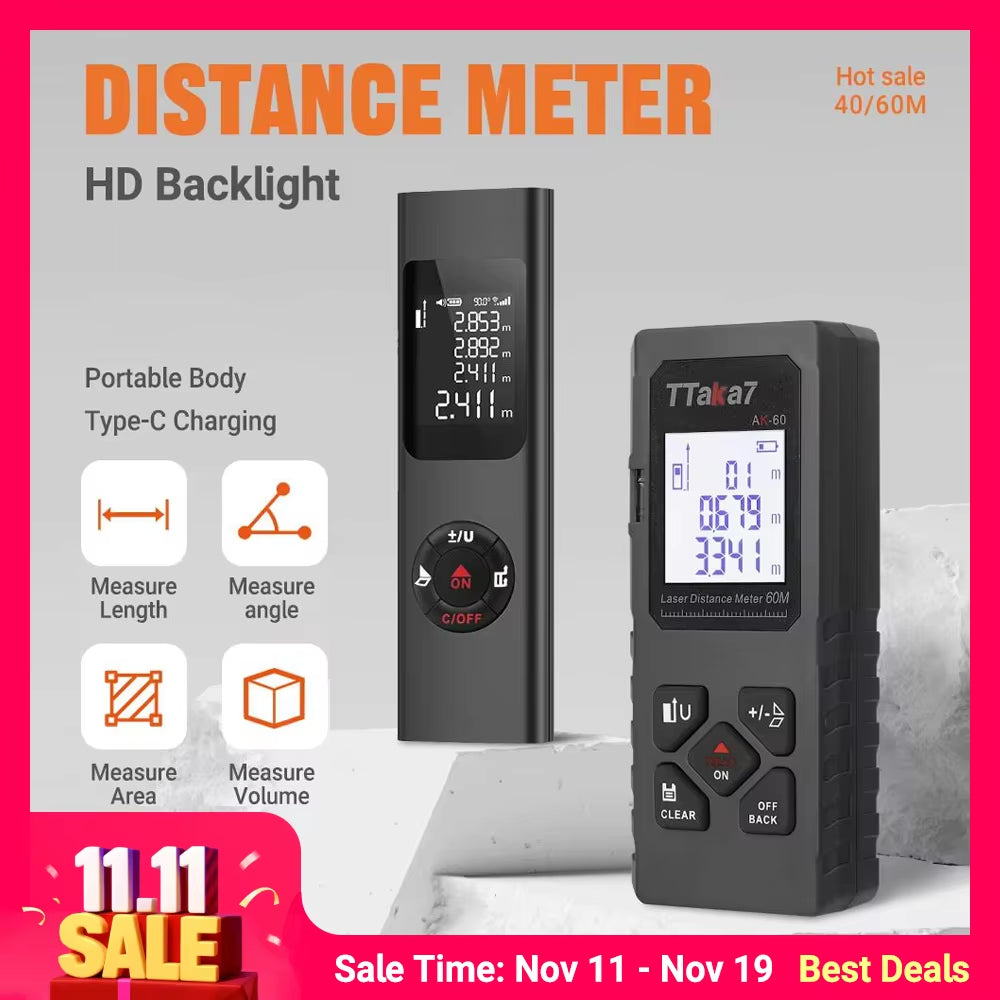 SmartMeasure 40M/60M Mini Laser Distance Meter – USB Rechargeable Handheld Rangefinder for Accurate Measurements