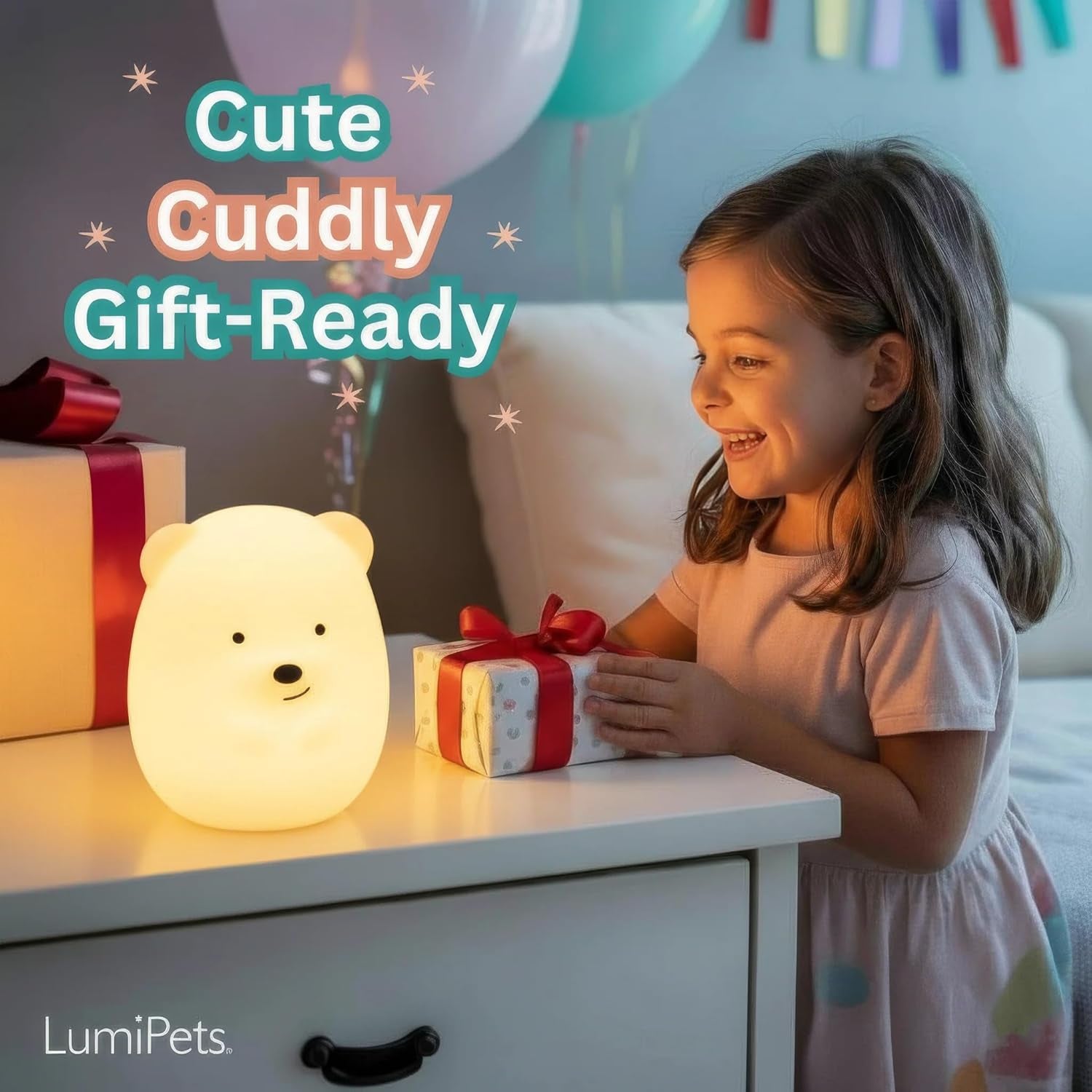 Lumipet Bear Jumbo Kids Night Light, Cute Nursery Light for Baby, Toddler, Silicone LED Lamp, Remote Operated, USB Rechargeable Battery, 9 Available Colors, Timer Auto Shutoff