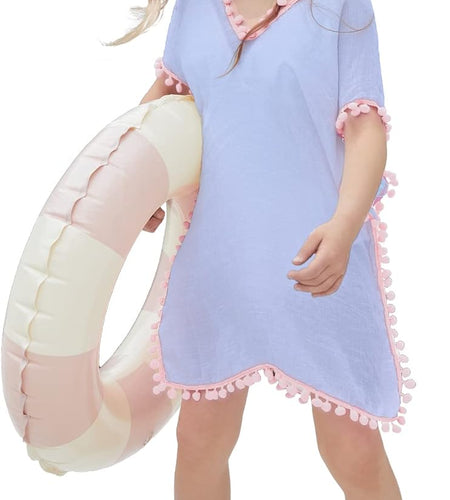 Girls Swim Cover up Beach Swimwear Coverup Swimsuit Wraps with Pom Pom Trim