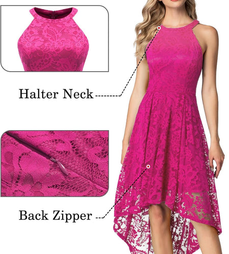 Women'S Halter Floral Lace Cocktail Party Dress Hi-Lo Bridesmaid Dress